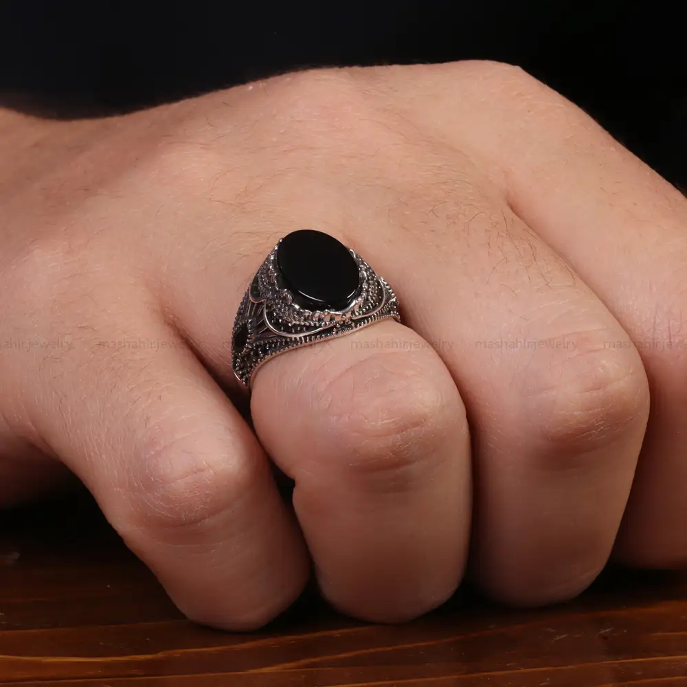 انگشتر عقیق مشکی مردانه کد 24994
