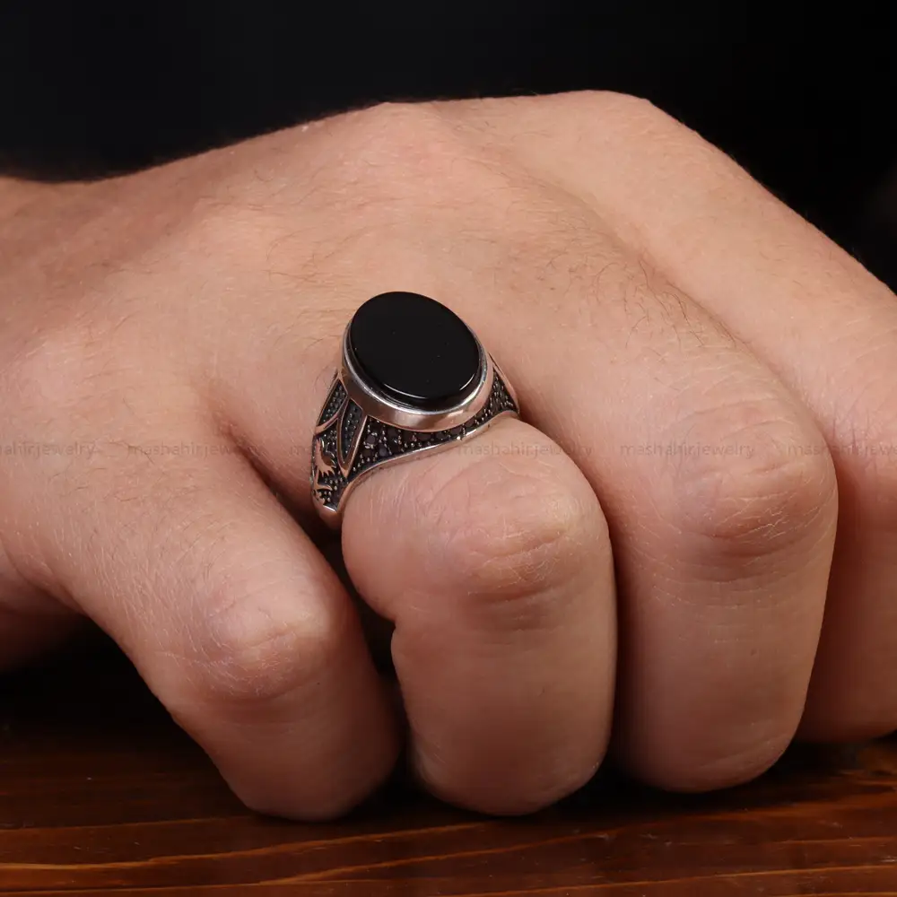انگشتر عقیق مشکی مردانه کد 24995