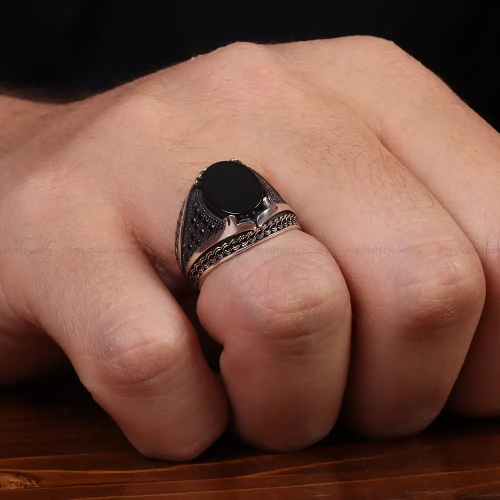 انگشتر عقیق مشکی مردانه کد 25002