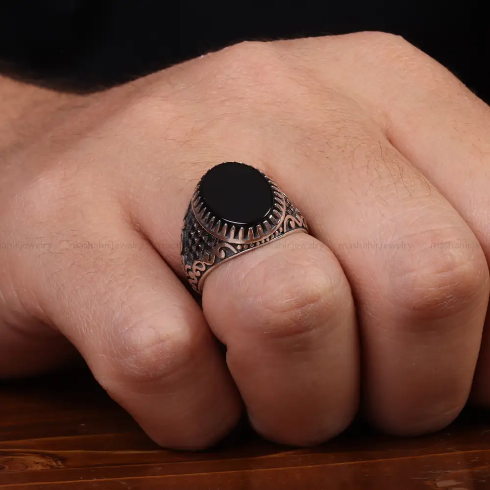 انگشتر عقیق مشکی مردانه کد 25003