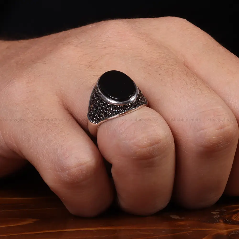 انگشتر عقیق مشکی مردانه کد 25006