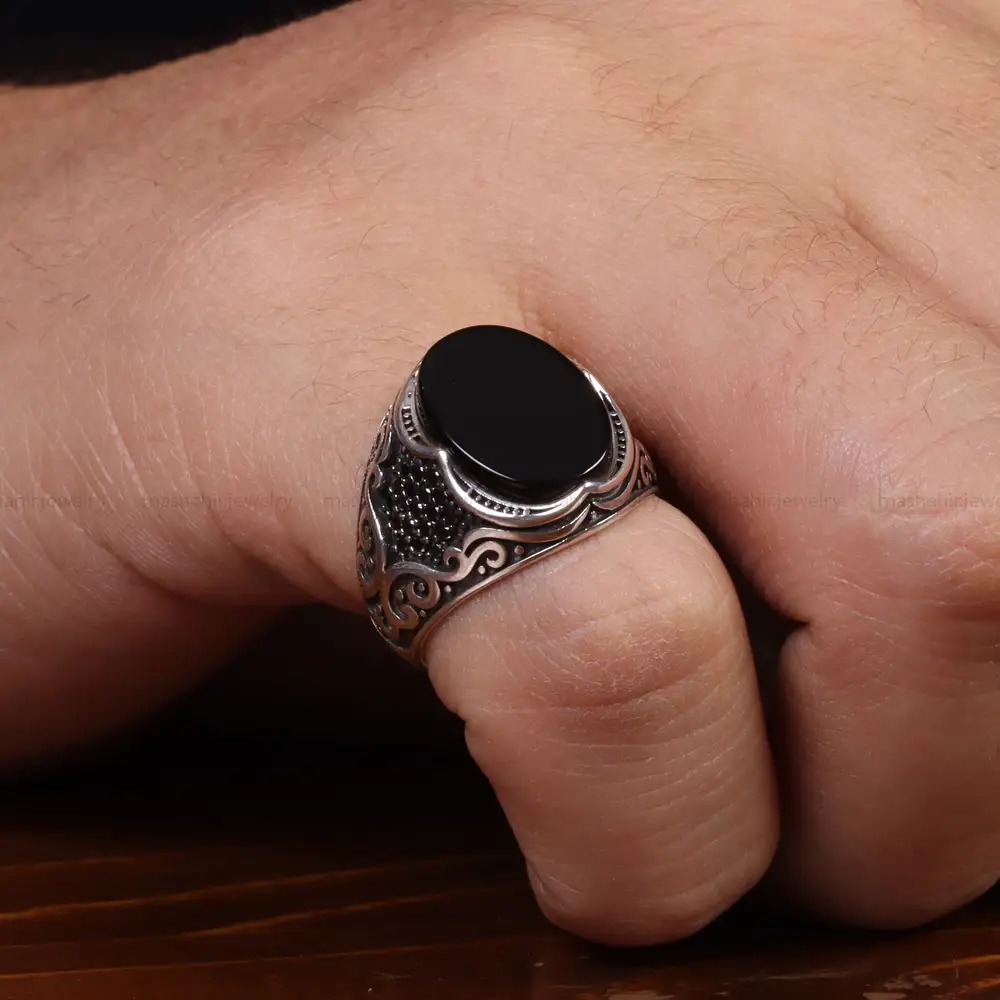 انگشتر عقیق مشکی مردانه کد 25007