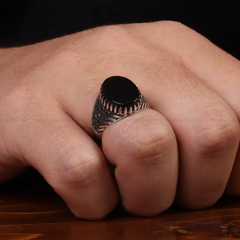 انگشتر عقیق مشکی مردانه کد 25009
