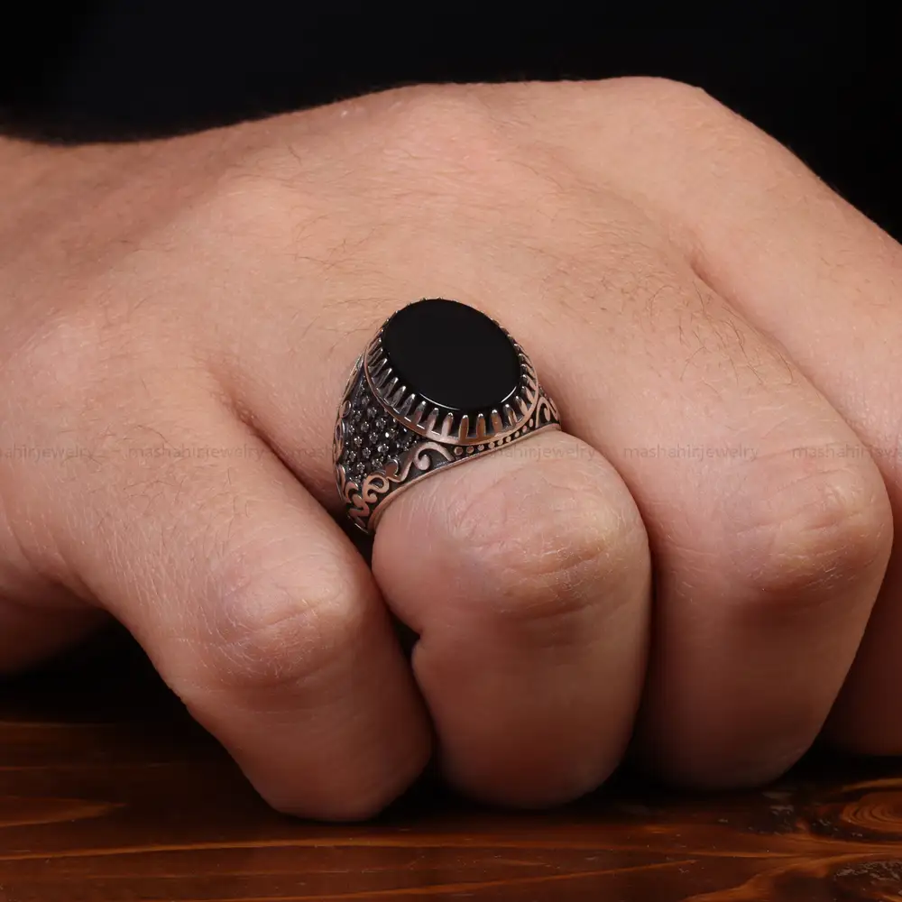 انگشتر عقیق مشکی مردانه کد 25012