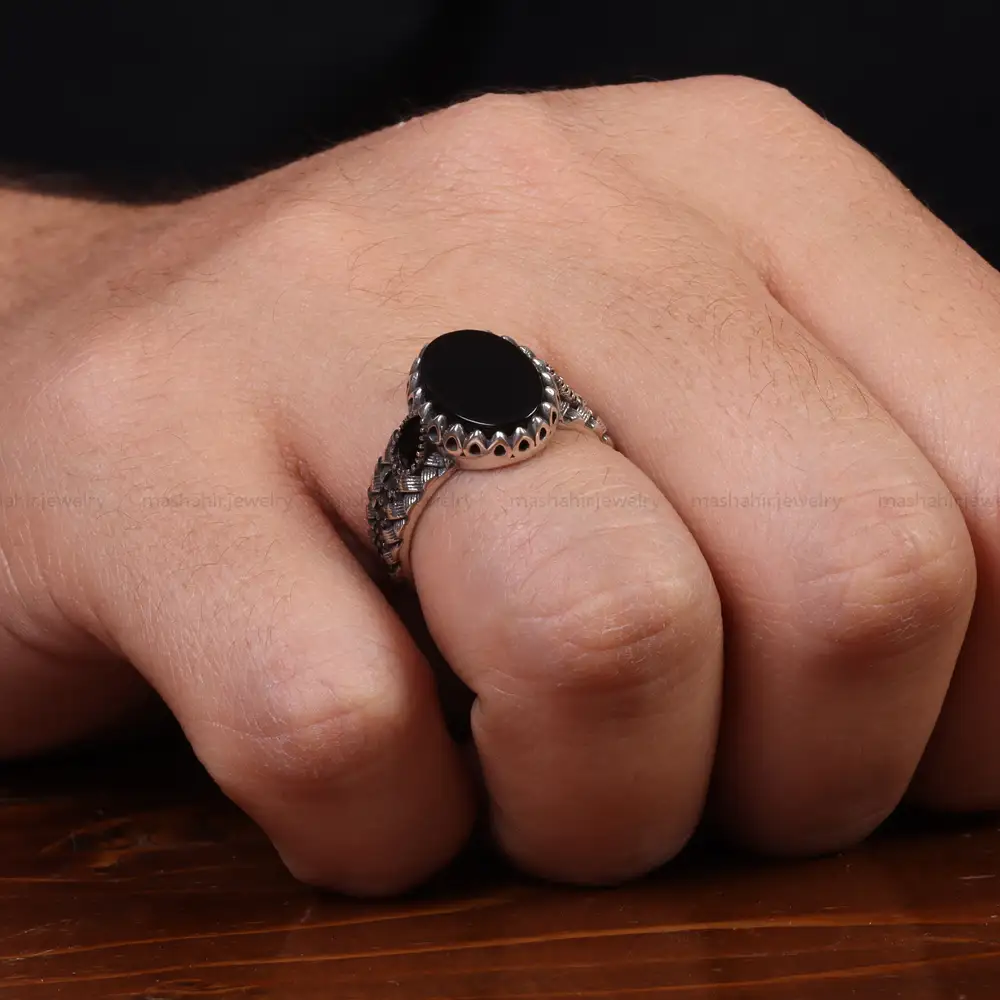 انگشتر عقیق مشکی مردانه کد 25014