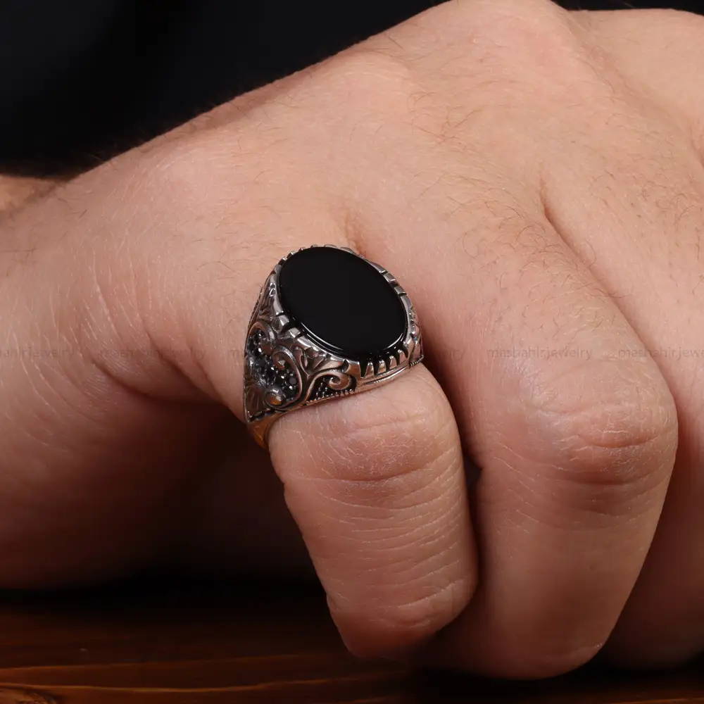 انگشتر عقیق مشکی مردانه کد 25016