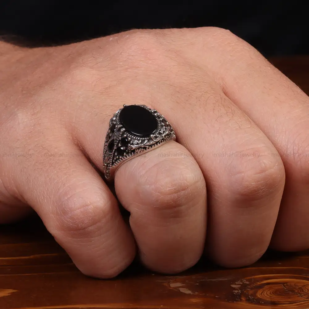 انگشتر عقیق مشکی مردانه کد 25023