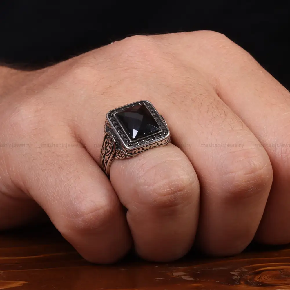 انگشتر عقیق مشکی مردانه کد 25027