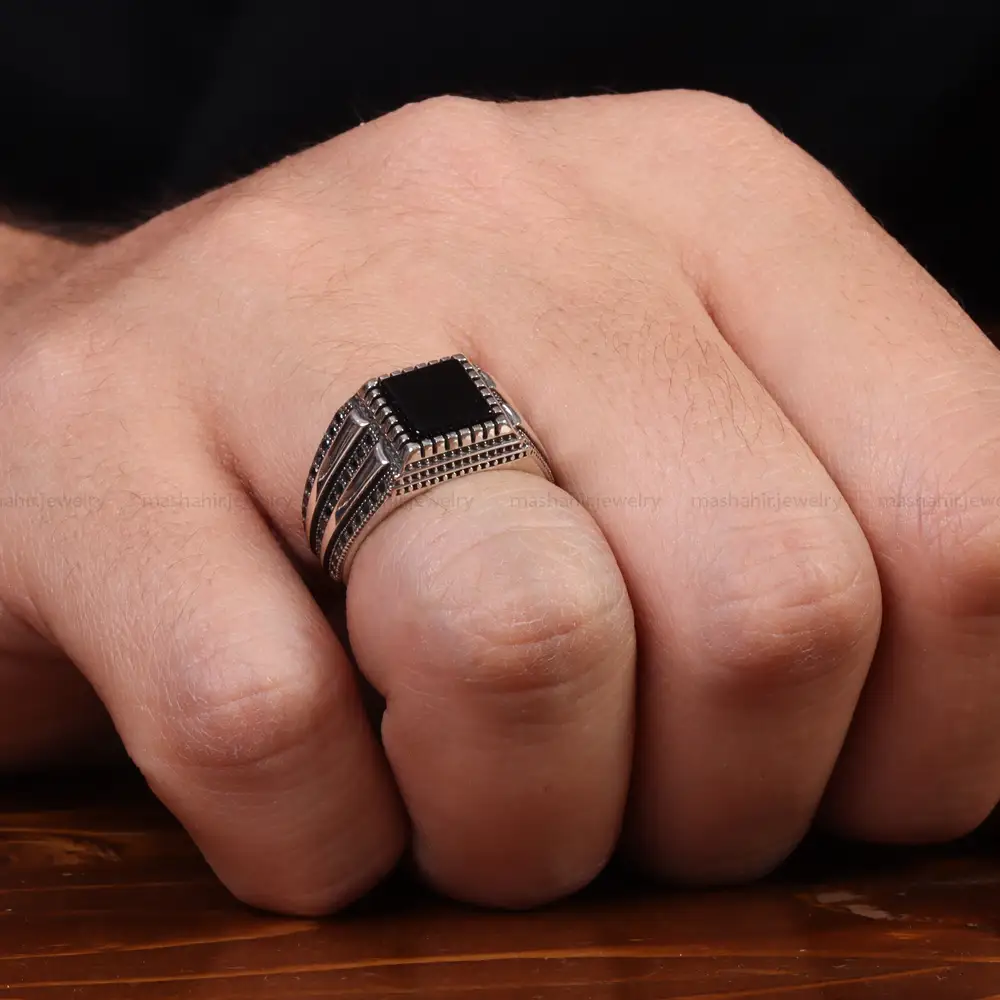 انگشتر عقیق مشکی مردانه کد 25039