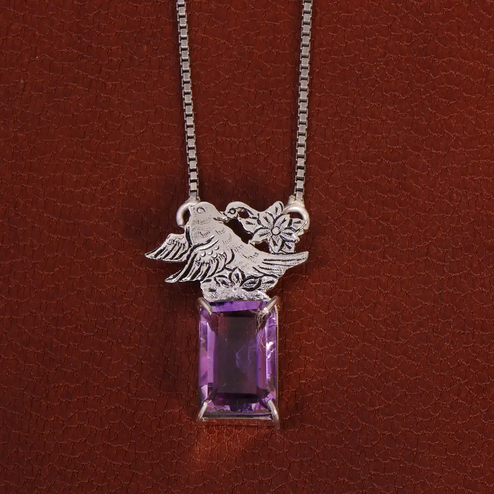 گردنبند آمیتیست زنانه طرح گل و مرغ کد 26306