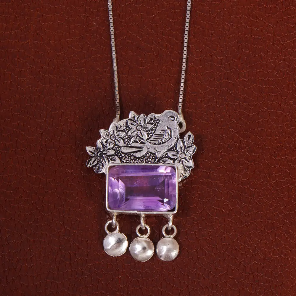 گردنبند آمیتیست زنانه طرح گل و مرغ کد 26308