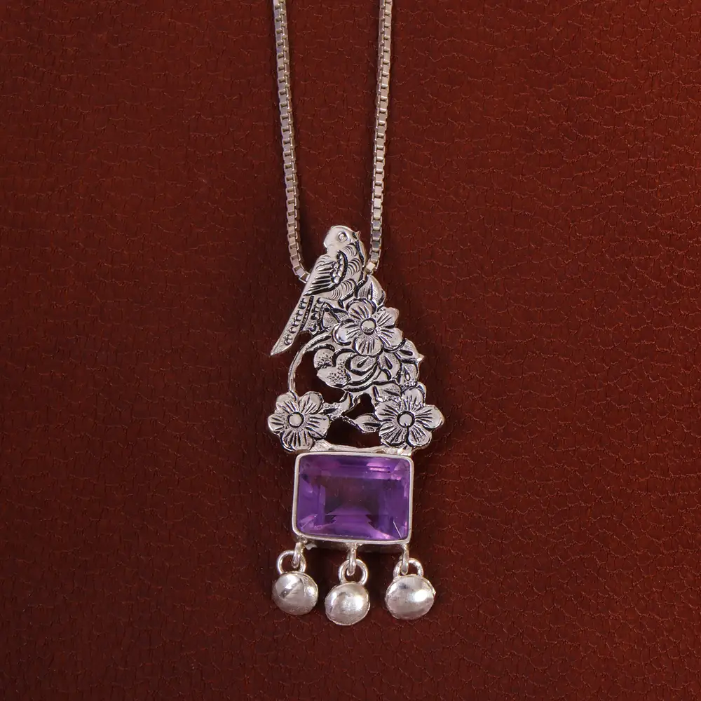 گردنبند آمیتیست زنانه طرح گل و مرغ کد 26312