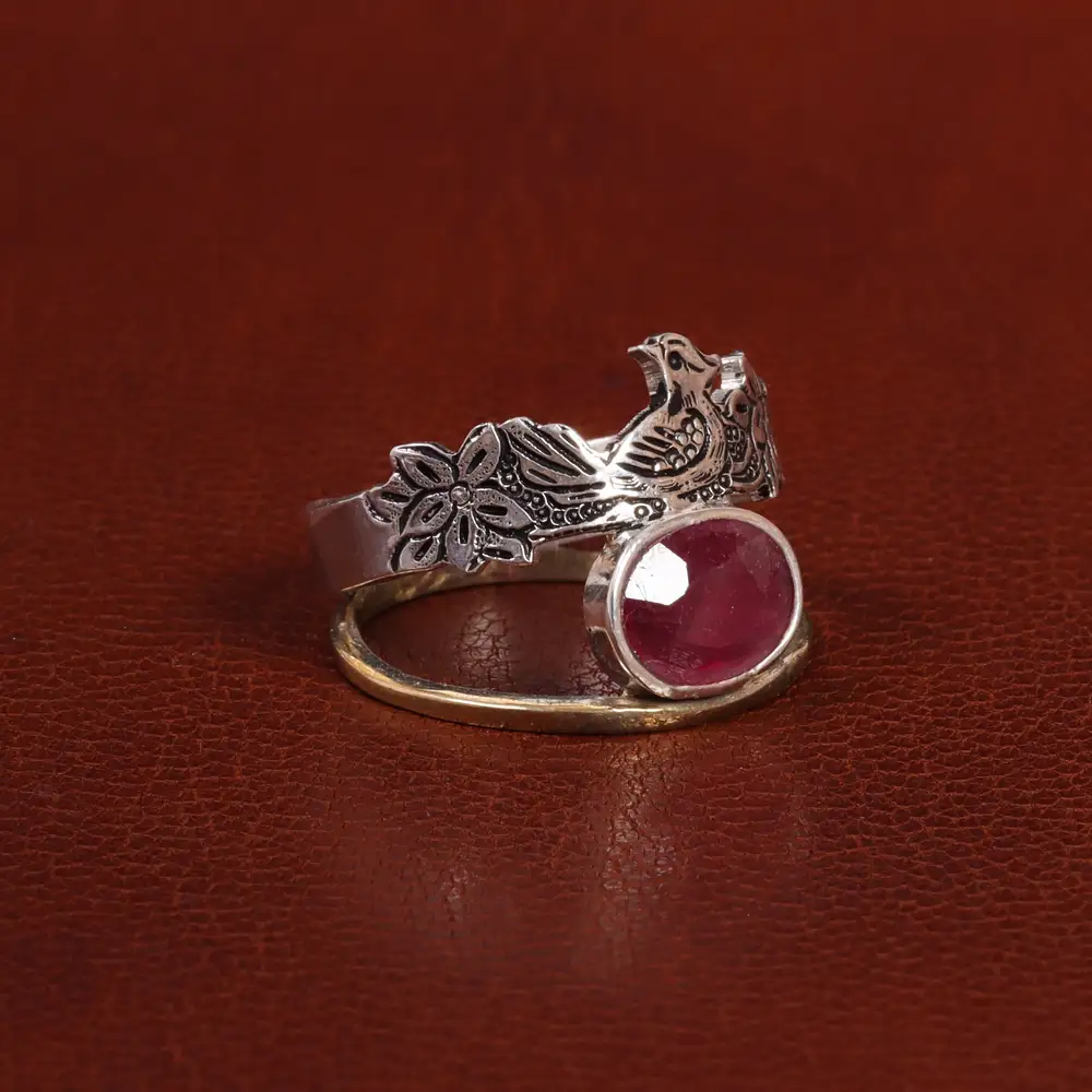 انگشتر یاقوت سرخ زنانه طرح گل و مرغ کد 26344