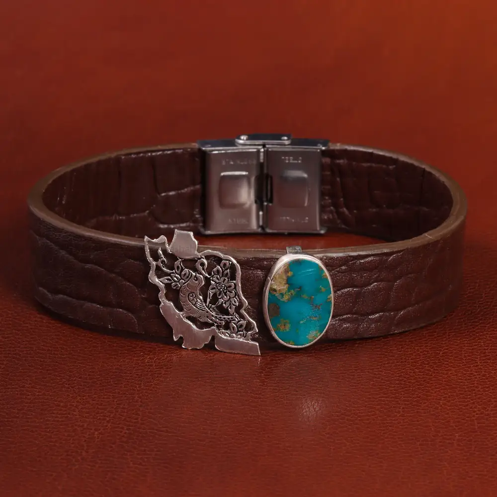 دستبند چرم فیروزه مردانه طرح ایران کد 26345