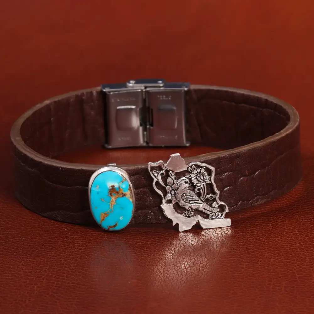 دستبند چرم فیروزه مردانه طرح ایران کد 26347