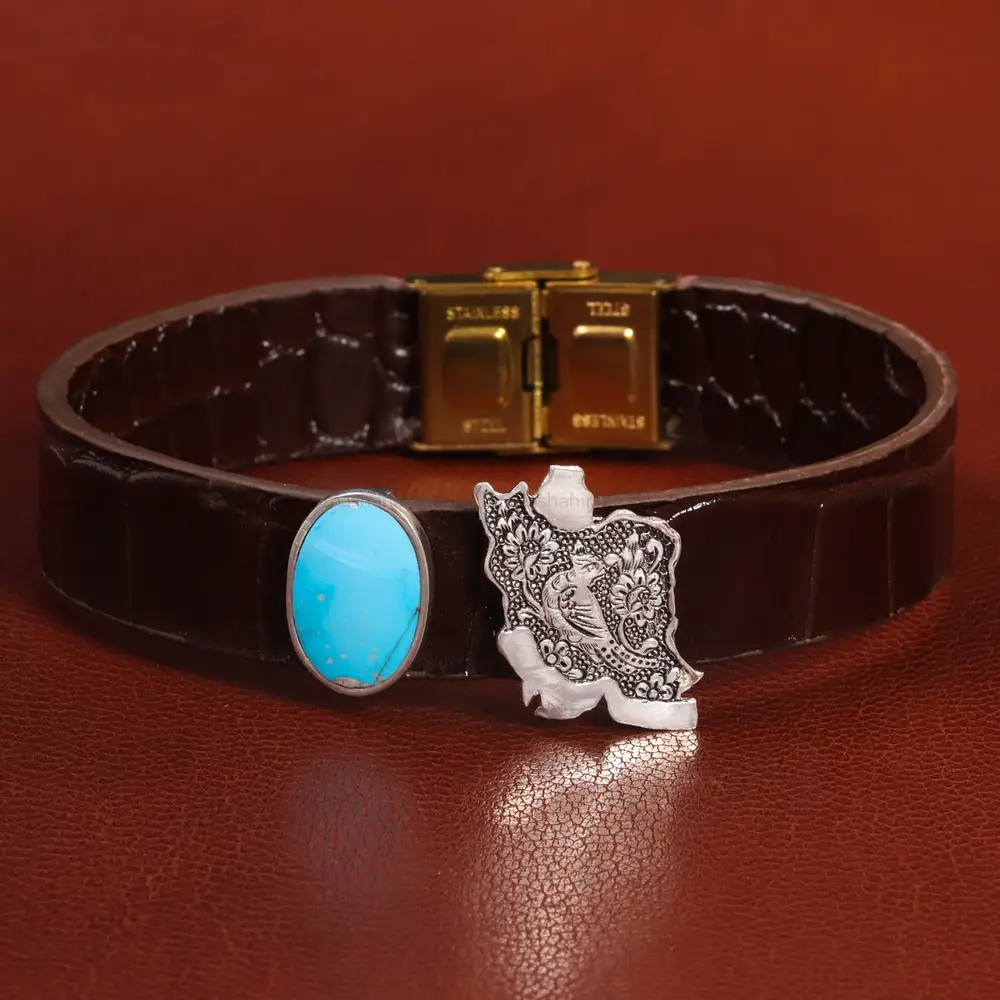 دستبند چرم فیروزه مردانه طرح ایران کد 26348