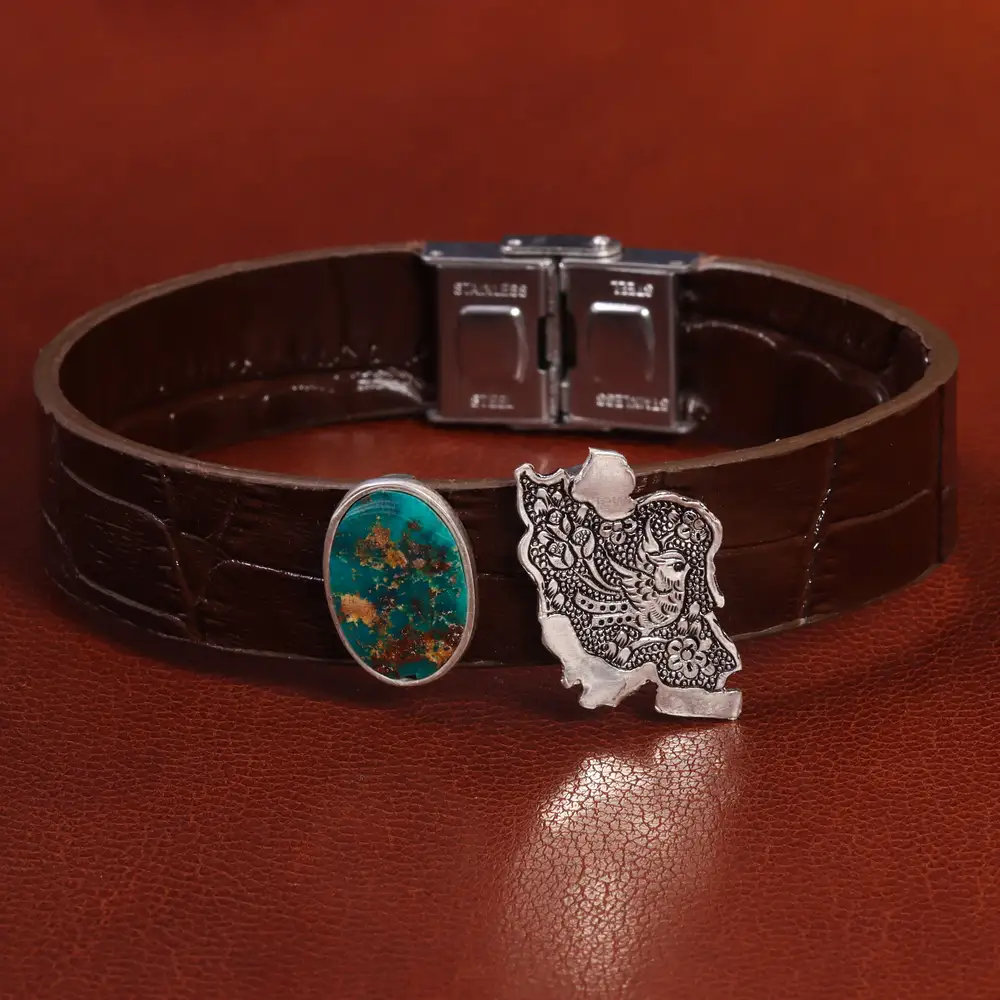 دستبند چرم فیروزه مردانه طرح ایران کد 26349