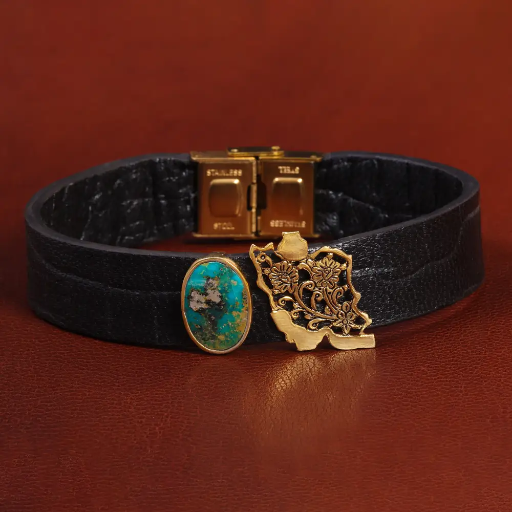 دستبند چرم فیروزه مردانه طرح ایران کد 26351