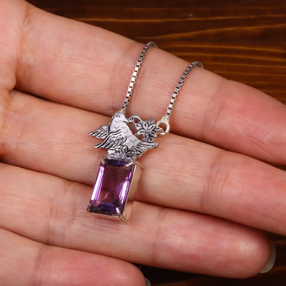 گردنبند آمیتیست زنانه طرح گل و مرغ کد 26306