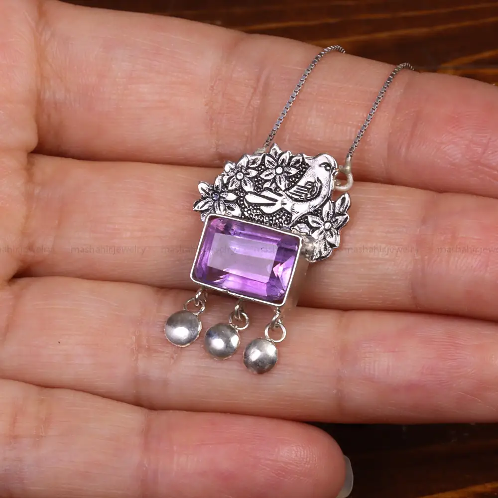 گردنبند آمیتیست زنانه طرح گل و مرغ کد 26308