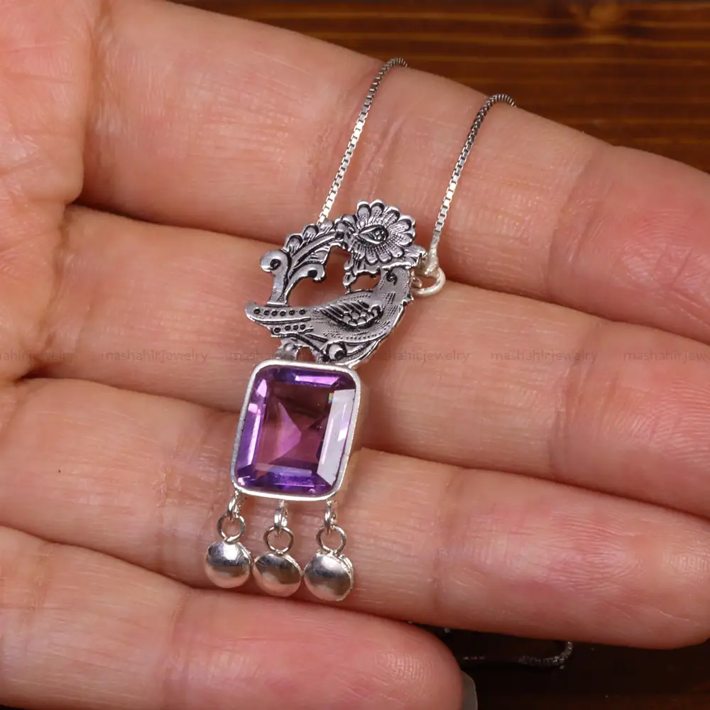 گردنبند آمیتیست زنانه طرح گل و مرغ کد 26309