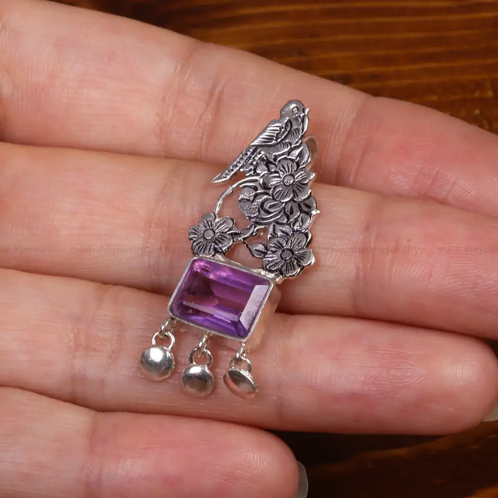 گردنبند آمیتیست زنانه طرح گل و مرغ کد 26312