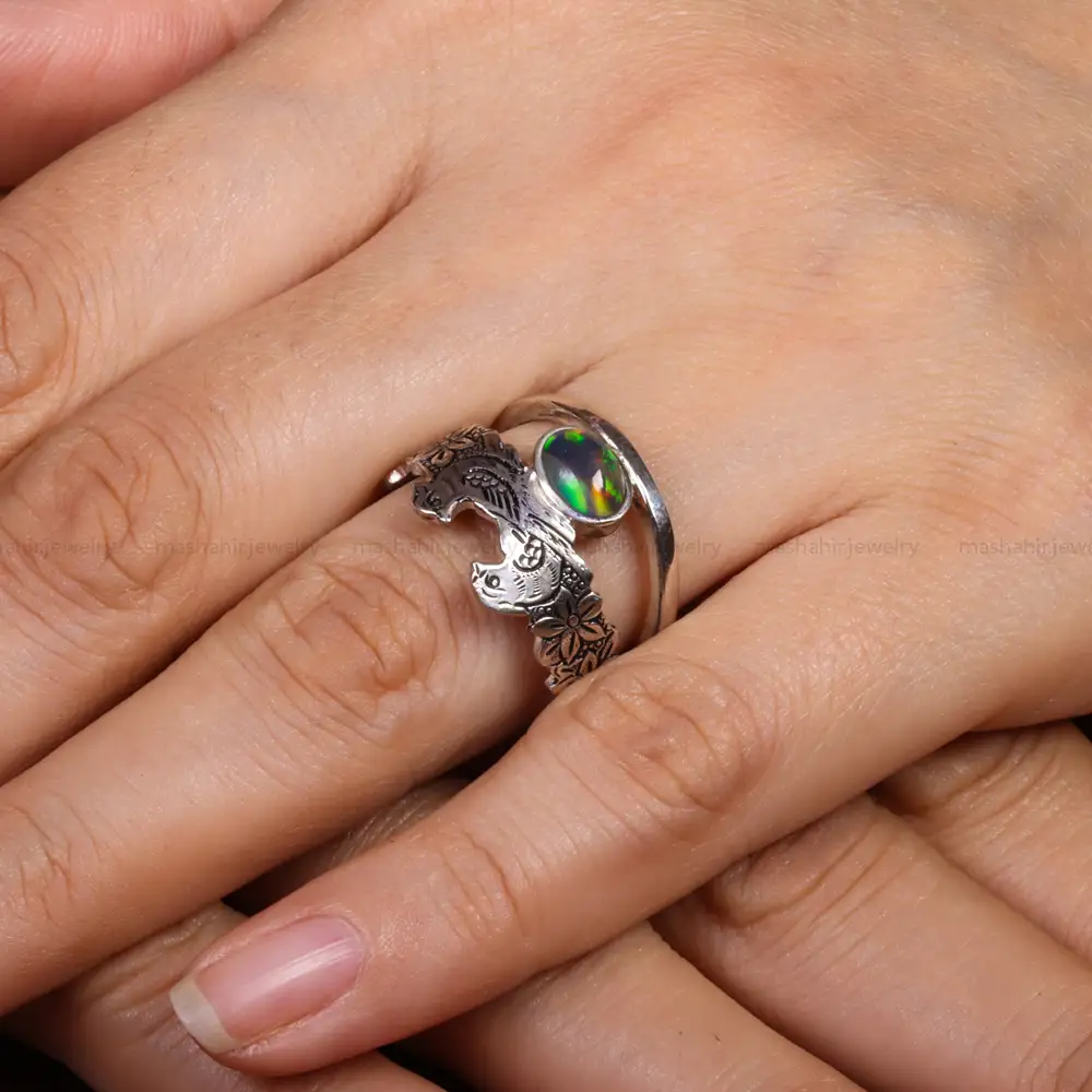 انگشتر اوپال زنانه طرح گل و مرغ کد 26342