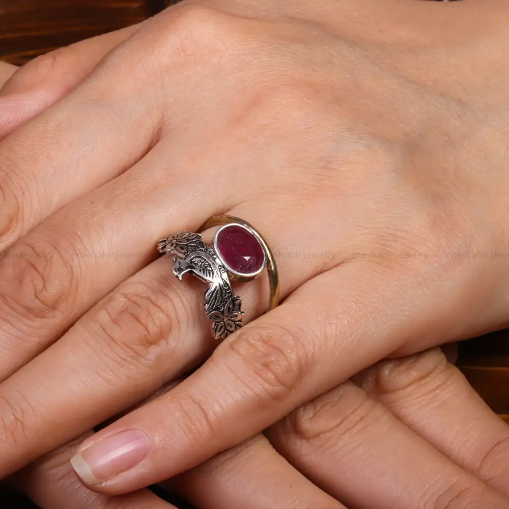 انگشتر یاقوت سرخ زنانه طرح گل و مرغ کد 26344