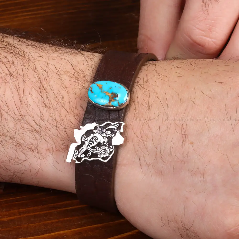 دستبند چرم فیروزه مردانه طرح ایران کد 26347