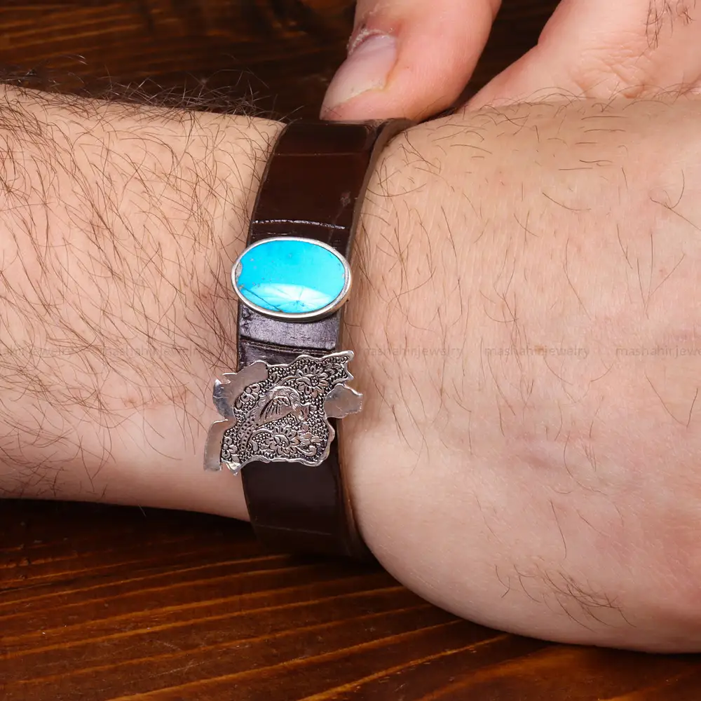 دستبند چرم فیروزه مردانه طرح ایران کد 26348