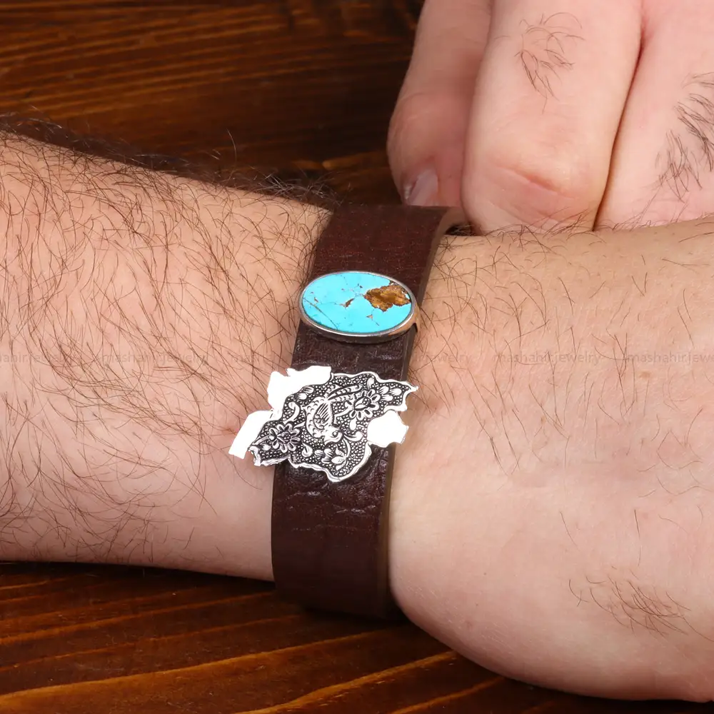 دستبند چرم فیروزه مردانه طرح ایران کد 26350