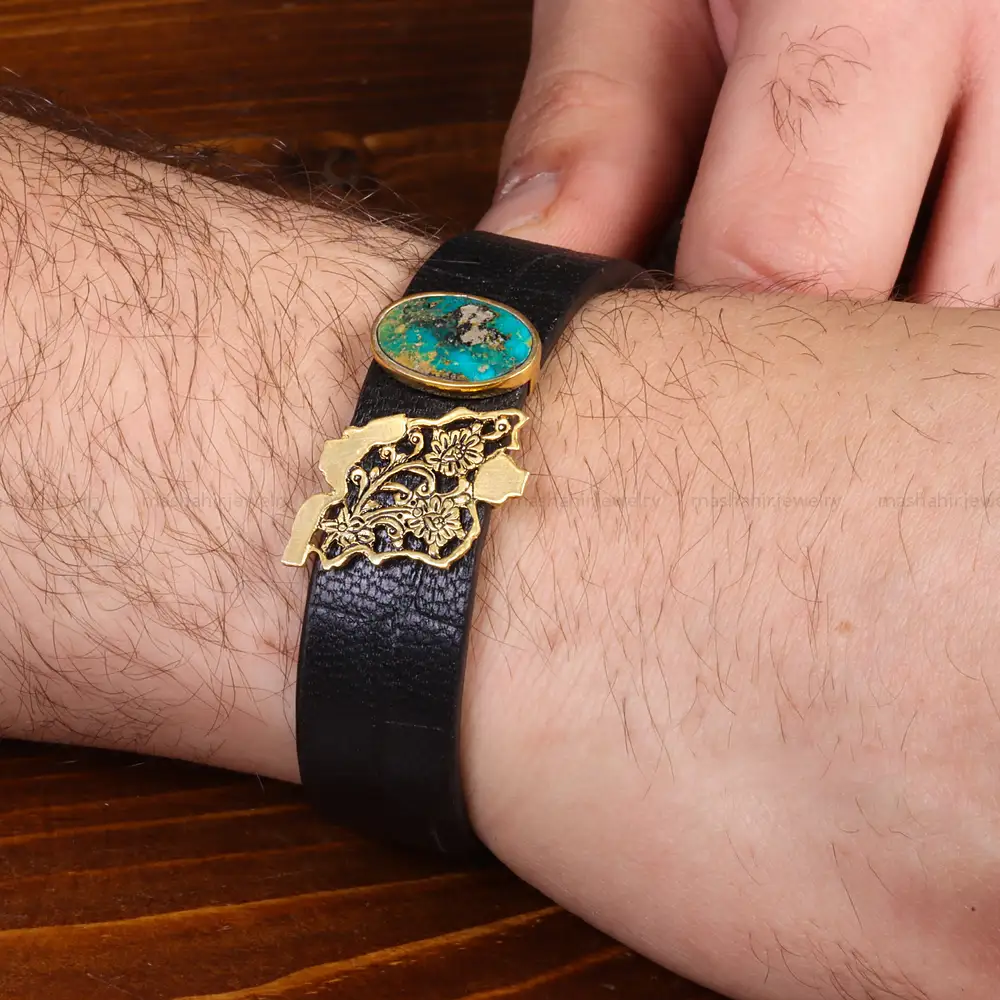 دستبند چرم فیروزه مردانه طرح ایران کد 26351