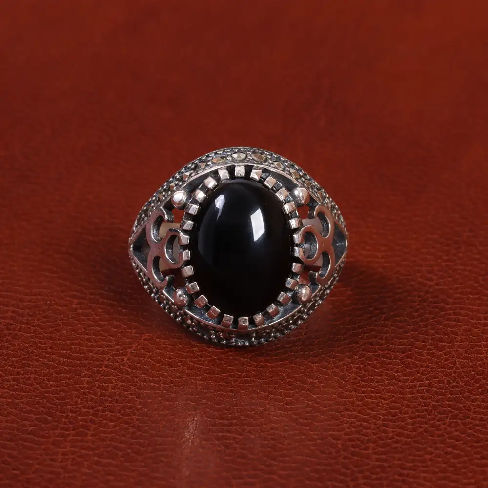 انگشتر عقیق مشکی مردانه کد 26617