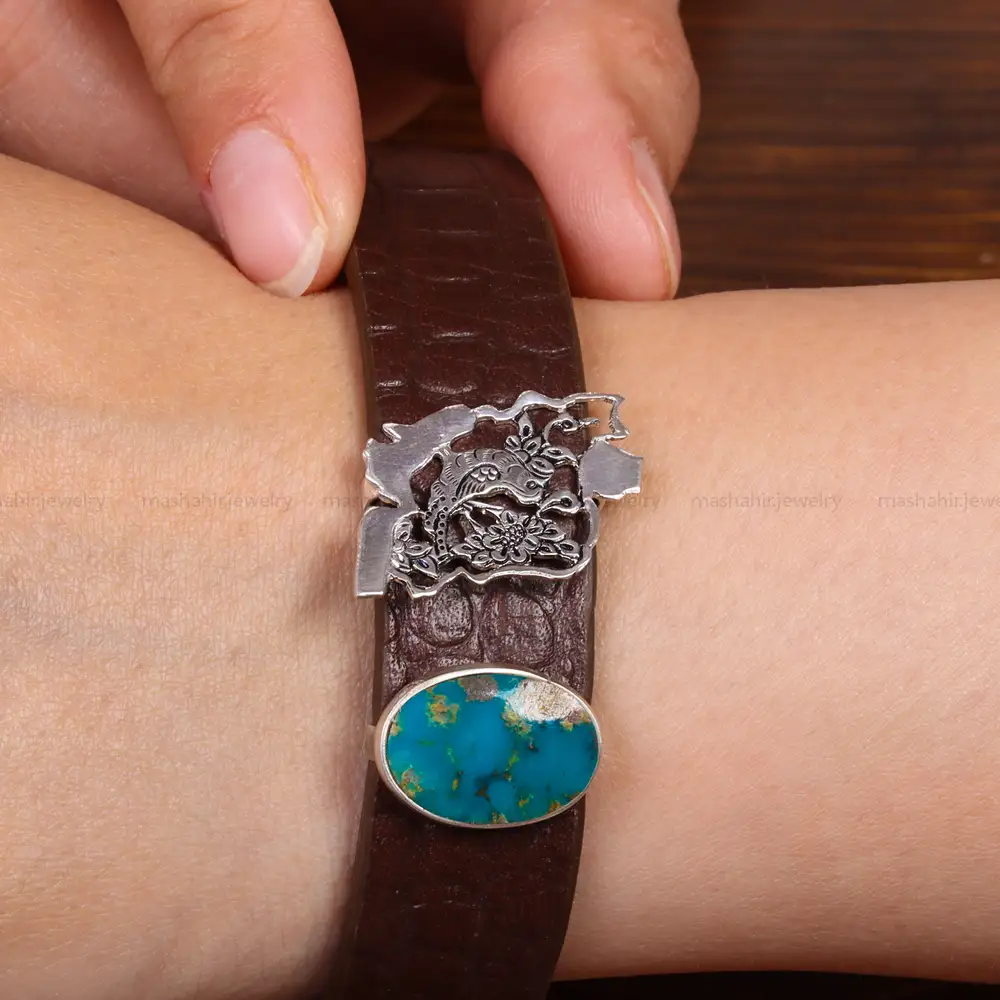 دستبند چرم فیروزه مردانه طرح ایران کد 26345