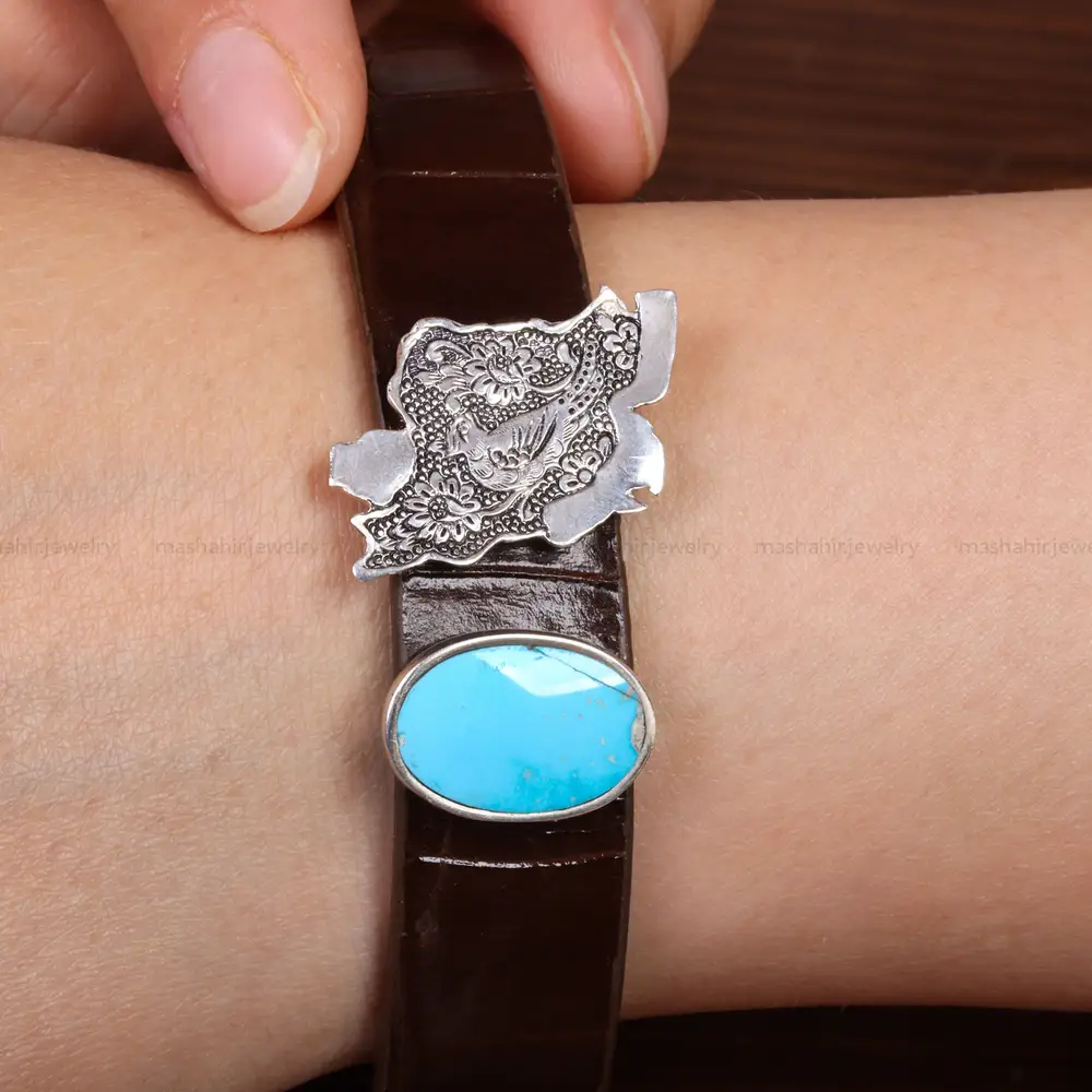 دستبند چرم فیروزه مردانه طرح ایران کد 26348