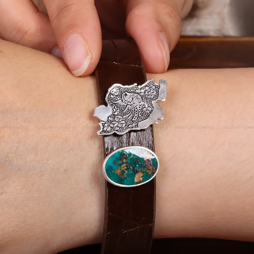 دستبند چرم فیروزه مردانه طرح ایران کد 26349