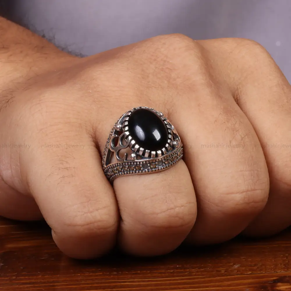 انگشتر عقیق مشکی مردانه کد 26617