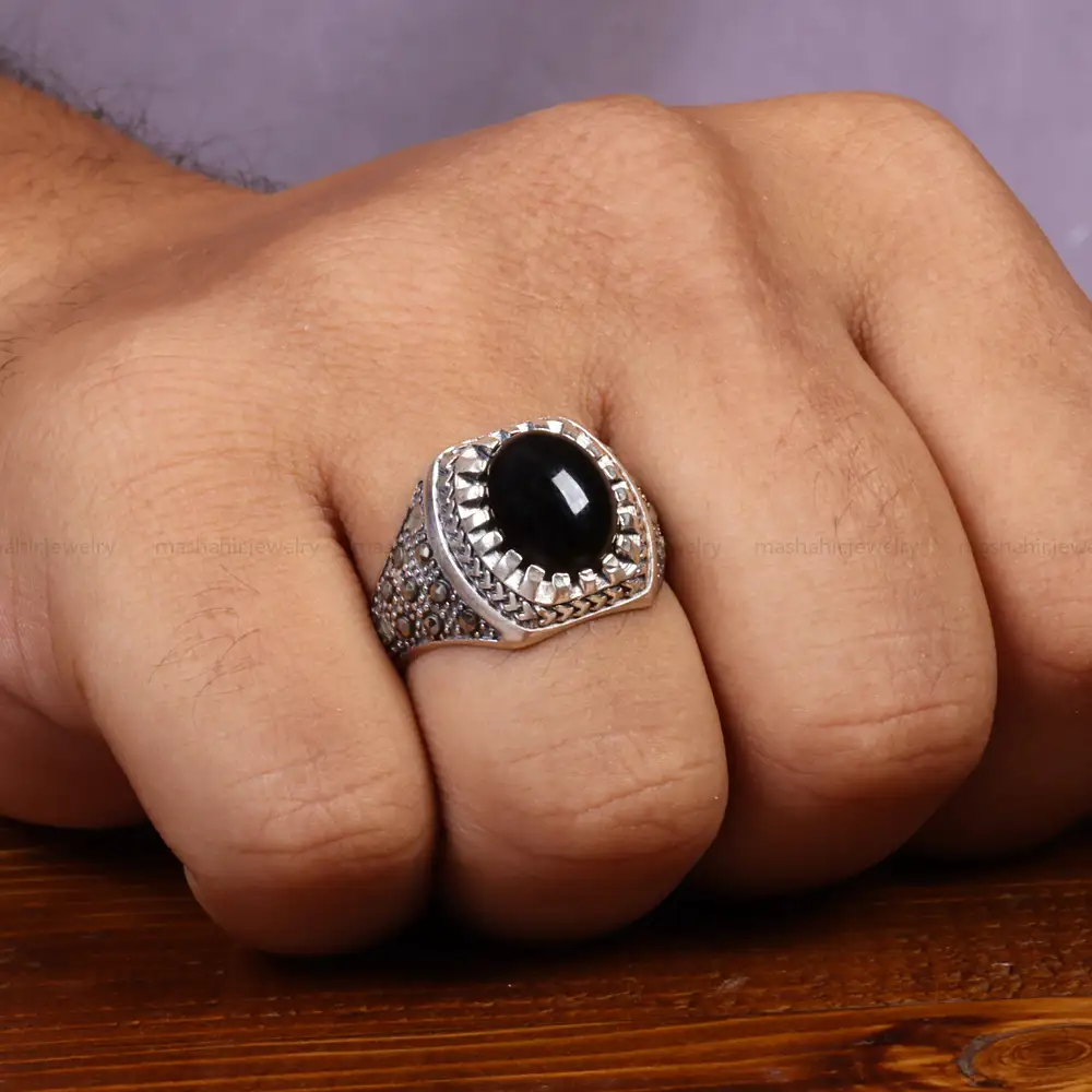 انگشتر عقیق مشکی مردانه کد 26624