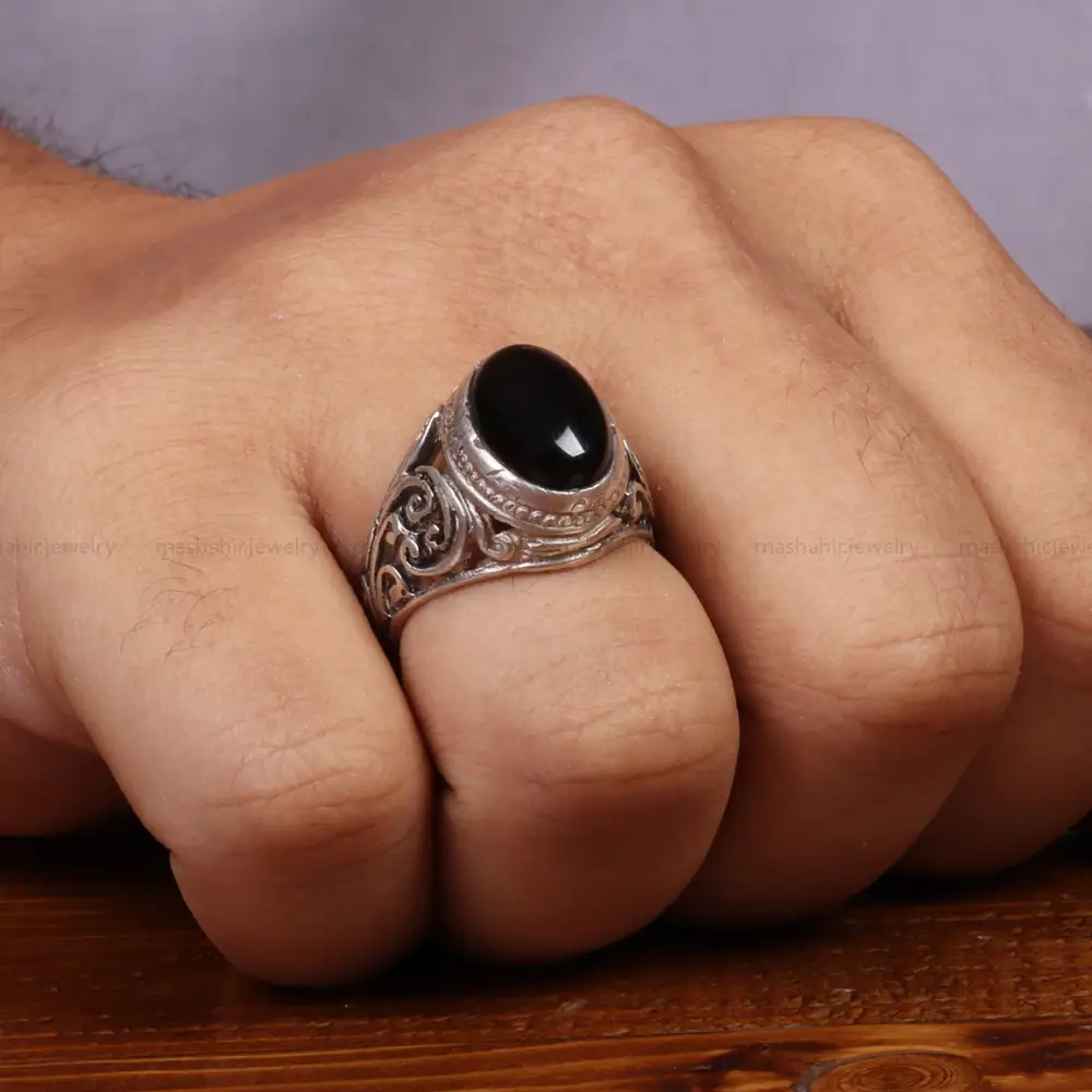 انگشتر عقیق مشکی مردانه کد 26625