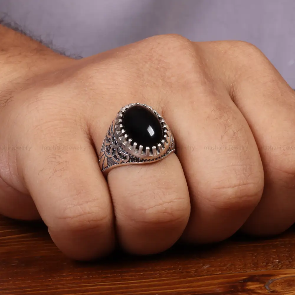 انگشتر عقیق مشکی مردانه کد 26628