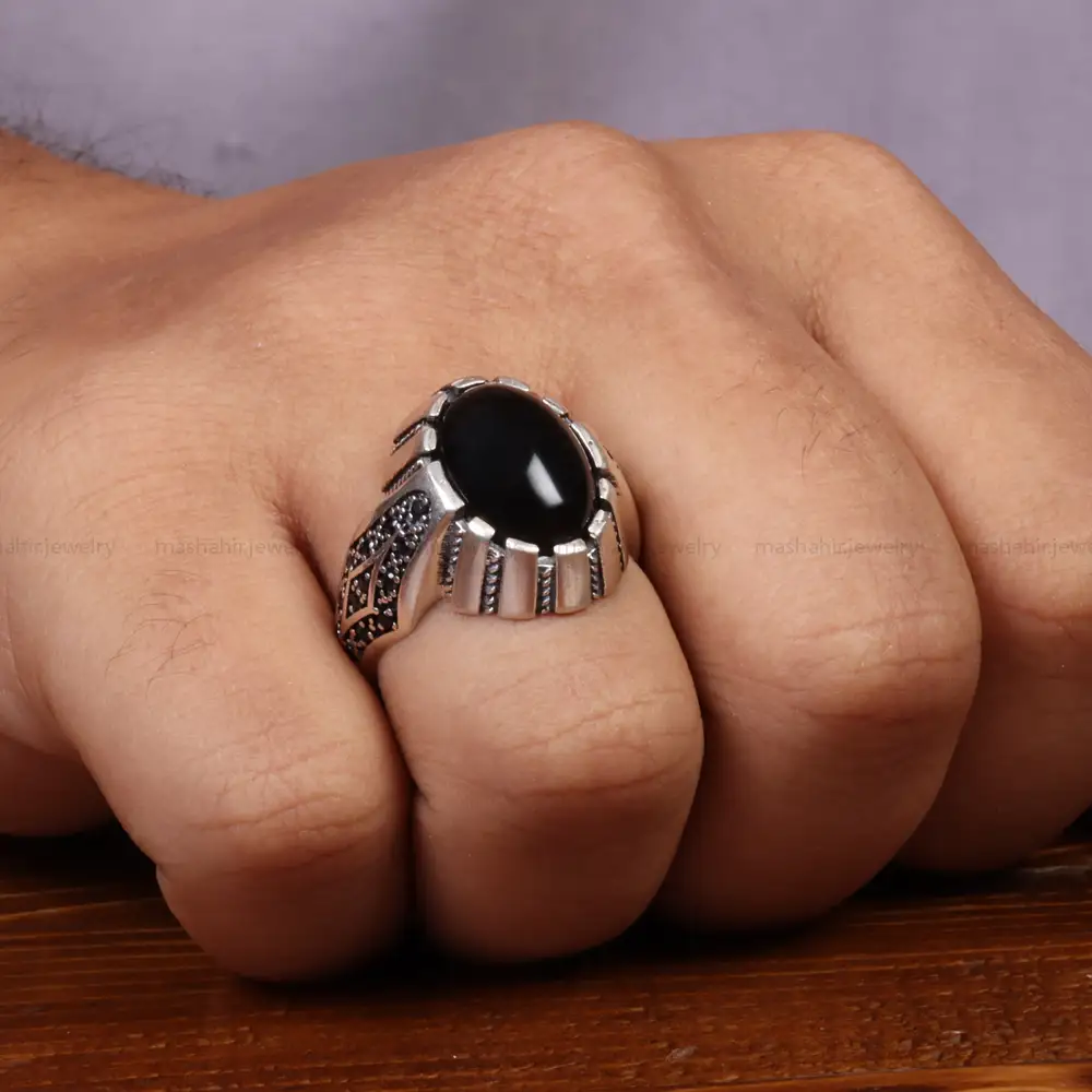 انگشتر عقیق مشکی مردانه کد 26630