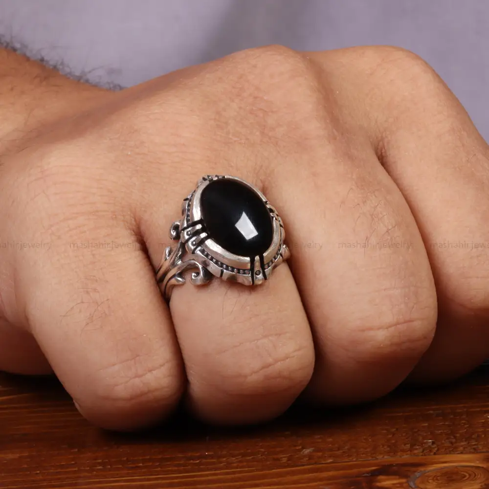 انگشتر عقیق مشکی مردانه کد 26631