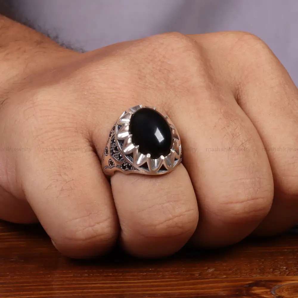 انگشتر عقیق مشکی مردانه کد 26636