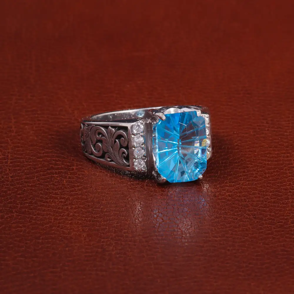 انگشتر توپاز آبی مردانه کد 27316