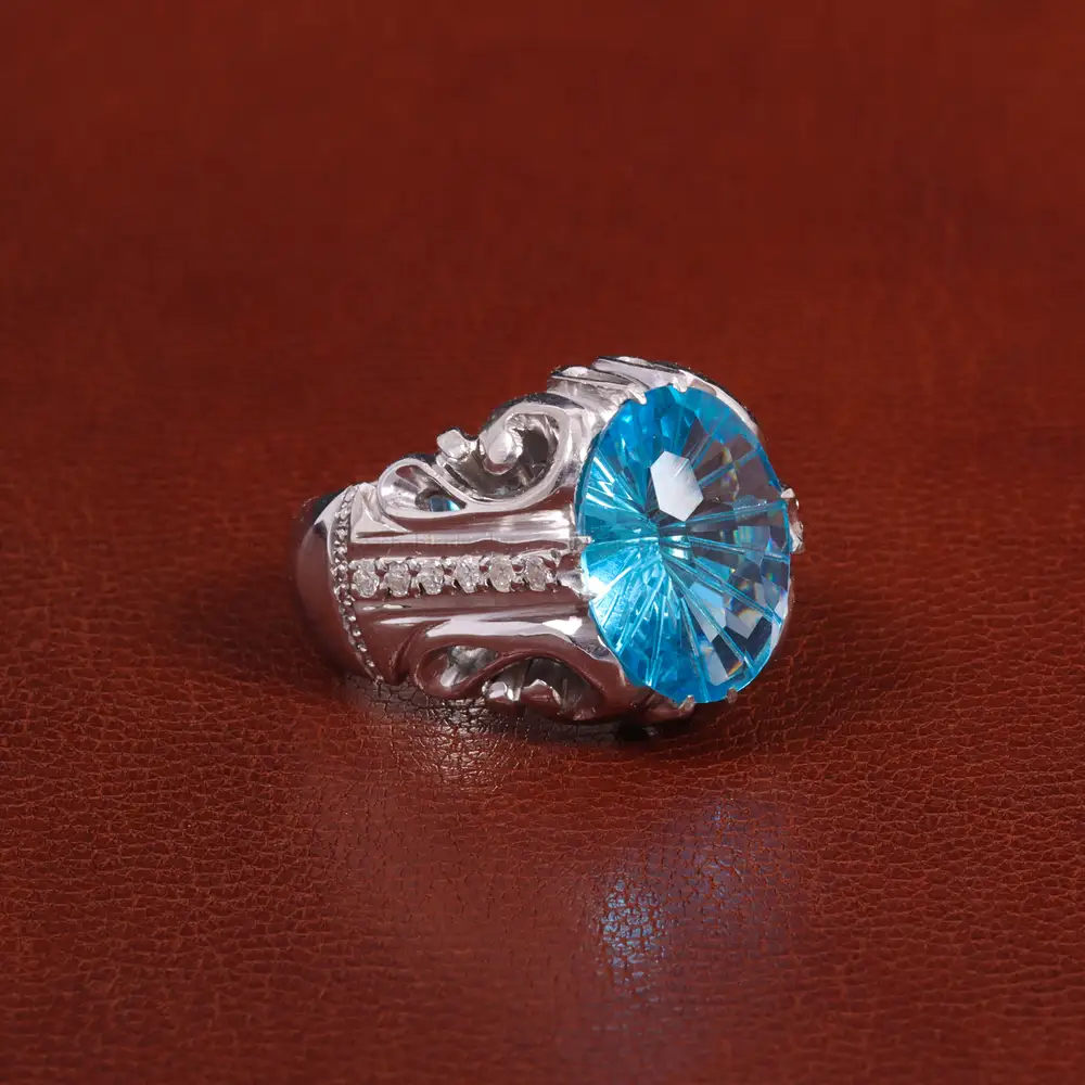 انگشتر توپاز آبی مردانه کد 27317