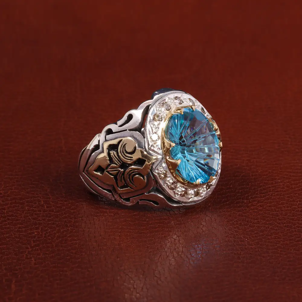 انگشتر توپاز آبی مردانه کد 27766