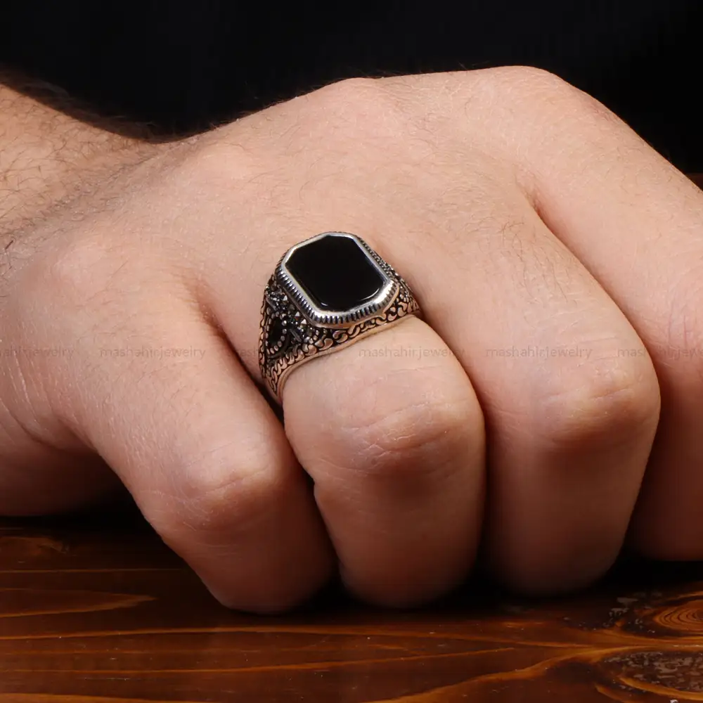 انگشتر عقیق مشکی مردانه کد 26897