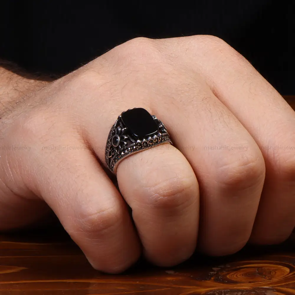 انگشتر عقیق مشکی مردانه کد 26898