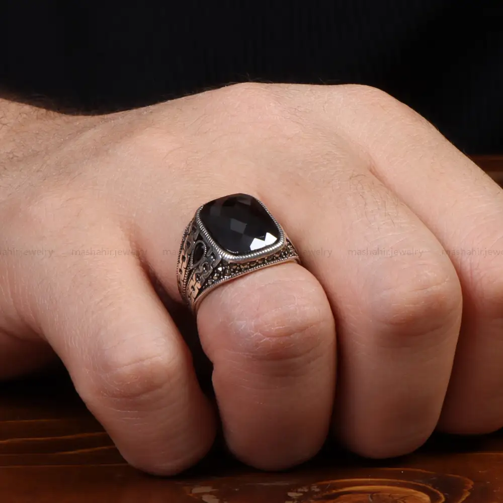 انگشتر عقیق مشکی مردانه کد 26906