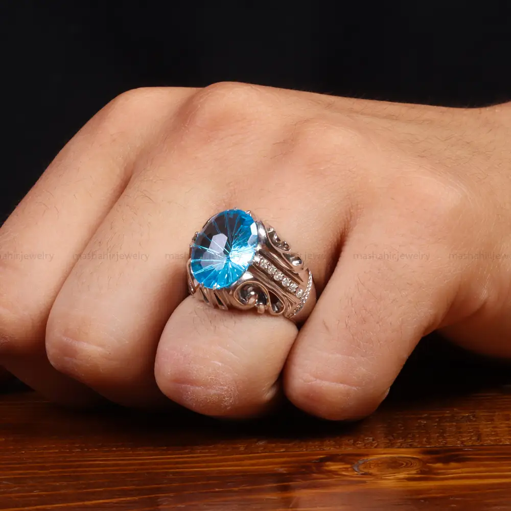 انگشتر توپاز آبی مردانه کد 27317